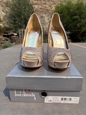 Luichiny Beige Satin Peep-Toe Heels with Crystal Accents